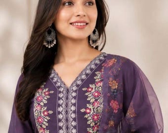 Purple Anarkali Kurti Set with Dupatta, Embroidered Ethnic Suit, Designer Salwar Kameez, Indian Festive Wear, Readymade Partywear Suit