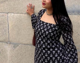 Kurti in cotone Chanderi nero stampato, fatto a mano, con scollo quadrato, regalo per donna, tunica estiva, top casual da donna, regalo per lei