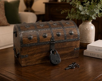 Pirate Treasure Chest Wooden Box with Lock & Key Rustic Keepsake Card Holder Decor