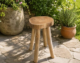 Live Edge Teak Wood Stool, Rustic Plant Stand, Boho Bathroom Stool, Wooden Side Table