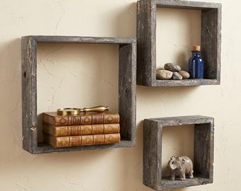 Floating Box Shelves Set of 3 Rustic Reclaimed Wood Wall Shelves Farmhouse Decor
