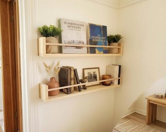 Nursery Bookshelf Floating Wall Shelf Natural Pine Wood Kids Book Display Storage Rack