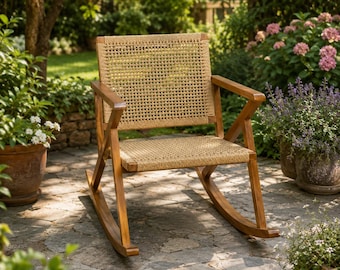 Teak Rocking Chair, Rattan Seat Chair, Patio Porch Chair, Indoor Outdoor Accent Furniture