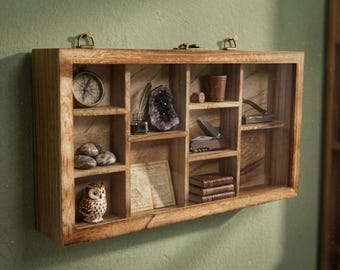 Glass Front Display Case, Oak Wall Cabinet, 10 Compartment Collectible Shadow Box