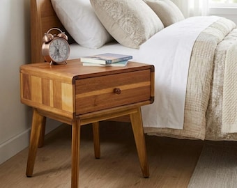 Handmade Acacia Nightstand Mid Century Bedside Table Solid Wood End Table