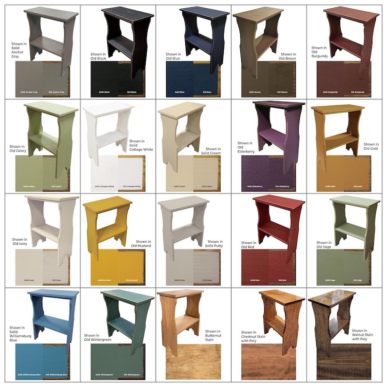 Pode incluir: Uma cole&ccedil;&atilde;o de vinte pequenas mesas laterais de madeira com uma prateleira, exibidas em v&aacute;rias cores de tinta s&oacute;lidas, incluindo cinza, preto, azul, marrom, bord&ocirc;, verde, branco, creme, roxo, dourado, marfim, mostarda, massa, vermelho e vernizes.