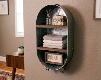 Farmhouse Bathroom Shelf, Galvanized Wash Tub Wall Decor, Rustic Towel Storage Organizer