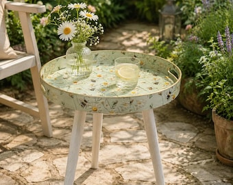 Round Tray Coffee Table, Portable Side Table, Patio Balcony Table, Modern End Table