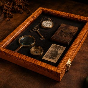 May include: A rectangular wooden display case with a tiger-stripe grain pattern containing a gold pocket watch with a chain, a brass key, a magnifying glass, a small leather-bound book, a round compass, and a vintage photograph on a black velvet base.