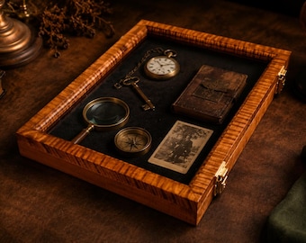 Curly Maple Artifact Display Case 12x16 Lockable Glass Shadow Box for Collectibles Display