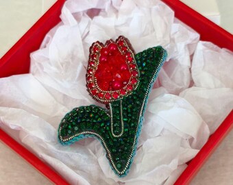 Handmade Beaded Tulip Brooch, Red Floral Crystal Pin, Embroidered Spring Jewelry