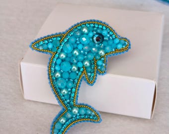 Beaded Dolphin Brooch, Turquoise Ocean Animal Pin, Handmade Nautical Jewelry, Marine Gift