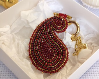 Hand Embroidered Deep Red Paisley Bag Charm: Crystal Buta Keychain Ornament