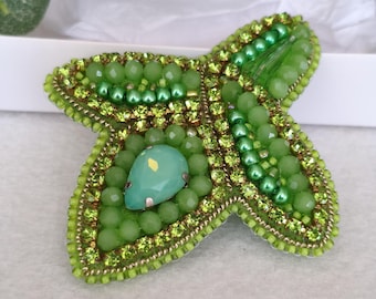 Hand-Embroidered Beaded Leaf Brooch, Crystal Green Jewelry Pin