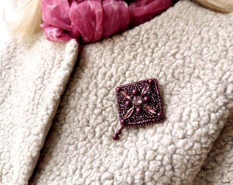 Geometric Beaded Brooch, Purple Crystal Regal Order Style Pin, Preciosa Beadwork Square Statement (72 mm × 58 mm)