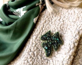 Emerald Green Beaded Leaf Brooch, Embroidered Botanical Crystal Pin, Forest Fairy Accessory