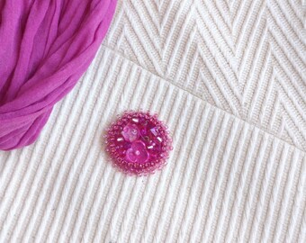 Handmade Beaded Brooch and Keychain Set, Magenta Pink Crystal Bag Charm