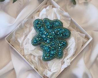 Beaded Embroidery Brooch, Abstract Turquoise Flower Pin, Teal Crystal Statement Jewelry