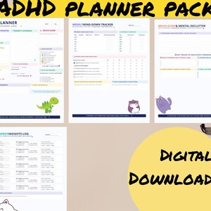 May include: A digital ADHD planner pack featuring four printable pages with pastel color schemes. The sheets include an ADHD planner, a weekly wind-down tracker, a brain dump and mental declutter page, and a sleep and energy insights log with cute animal illustrations.