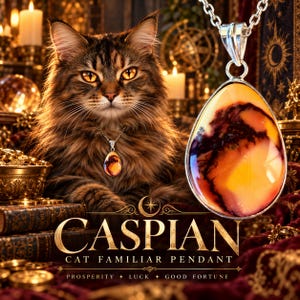 May include: A silver pendant featuring a teardrop-shaped stone with swirling orange, yellow, and dark brown patterns. The pendant hangs from a silver chain and is displayed alongside text that reads CASPIAN CAT FAMILIAR PENDANT PROSPERITY LUCK GOOD FORTUNE.