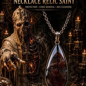 May include: A teardrop-shaped pendant necklace featuring a dark, mottled stone set in a metallic frame, suspended from a silver-toned chain. The text SPIRIT VESSEL NECKLACE RELIC SAINT PROTECTION CURSE REMOVAL HEX CLEANSING is displayed above.