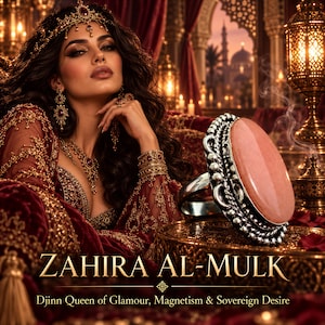 May include: A silver ring featuring a large, smooth, oval-shaped peach-colored stone set in a decorative beaded metal frame. The text ZAHIRA AL-MULK and Djinn Queen of Glamour, Magnetism & Sovereign Desire is printed in gold at the bottom of the image.