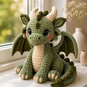 May include: A crocheted dragon plush toy featuring a sage green body with a cream-colored belly, cream horns, and cream claws. The creature has large dark eyes, pink cheeks, textured wings, and a long tail with a row of small spikes along its back.