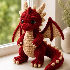 May include: A crocheted dragon toy featuring a deep red body with a cream-colored belly, wings, and spikes along its back and tail. The creature has large, dark, glossy eyes and small claws on its feet, crafted with visible yarn stitches.