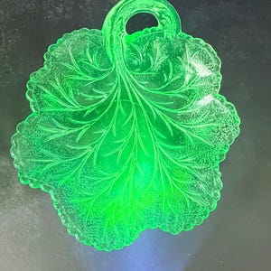 May include: A vibrant, translucent green glass serving dish shaped like a large leaf. The dish features a textured surface with embossed vein patterns radiating from the center and a curved handle at the top, mimicking a natural leaf structure.