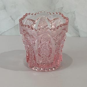 Vintage Pink Imperial Glass “Daisy and Button” Toothpick Holder | Votive - Pink Selenium Glow