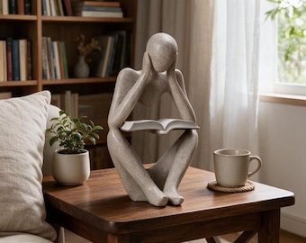 Abstract Thinker with Book Sandstone Sculpture – Desk/Office/Bookshelf Decor