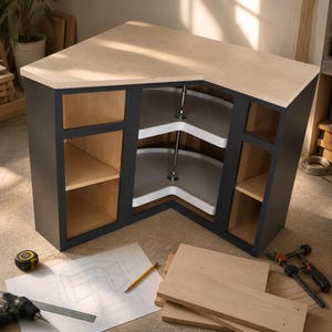 Könnte beinhalten: Ein Eckschrank mit einer hellen holzfarbenen Arbeitsplatte, einem dunkelgrauen Außenrahmen und offenen Regalfächern. Der Mittelteil verfügt über zwei weiße Drehböden an einer zentralen Chromstange. Das Möbelstück befindet sich im Aufbau.