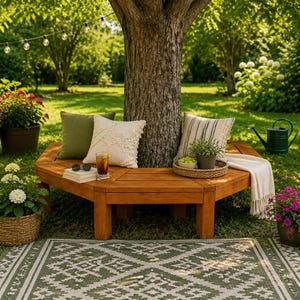 May include: A hexagonal wooden tree bench surrounds a tree trunk, featuring a solid brown finish. The bench is adorned with a solid olive green pillow, a cream-colored textured pillow, a striped pillow, a glass of iced tea, and a woven tray.