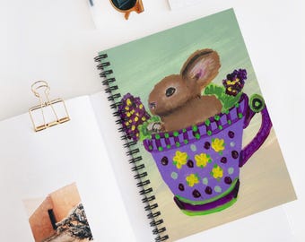 Bunny in a tea cup Spiral Notebook - Ruled Line (print of an original painting), notebook gift for bunny lover, notebook gift for tea lover