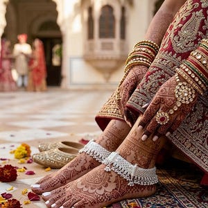 May include: A pair of silver anklets with intricate dangling charms worn on feet decorated with henna patterns. The feet are adorned with white nail polish and positioned near gold-toned footwear, with henna-patterned hands wearing bangles.