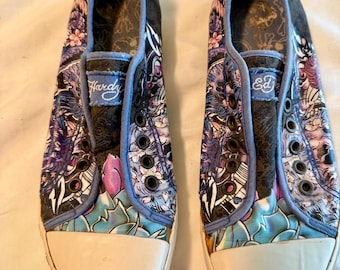 Vintage Ed Hardy Tattoo Print Slip-On Sneakers | Y2K Skull Graphic Flats