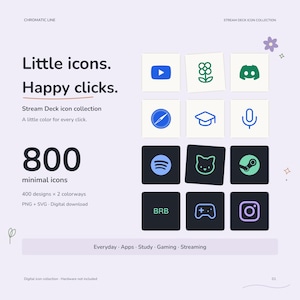 800 Stream Deck Icons: Minimal Colorful PNG Pack in Light and Dark Themes