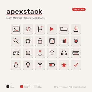 May include: A digital collection titled apexstack Light Minimal Stream Deck Icons featuring 147 icons. The set displays a grid of square, light gray buttons with rounded corners, each containing a black and red graphic symbol for various functions.