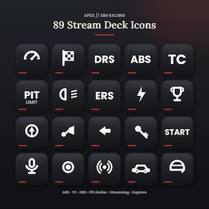 Op de afbeelding: Een verzameling van 89 Stream Deck iconen voor simracen, weergegeven als een raster van donkere vierkante knoppen met witte symbolen en tekst. De iconen bevatten racebedieningen zoals DRS, ABS, TC, Pit Limit en Start, naast diverse andere symbolen.