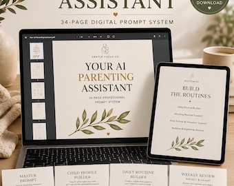 Könnte beinhalten: Ein 34-seitiges digitales Prompt-System mit dem Titel Your AI Parenting Assistant, das auf einem Laptop- und Tablet-Bildschirm angezeigt wird, begleitet von vier gedruckten Seiten mit Master Prompt, Child Profile Builder, Daily Routine Builder und Weekly Review.
