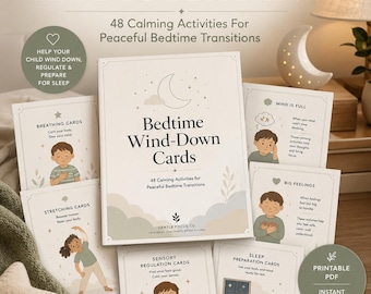 Könnte beinhalten: Ein Set von Bedtime Wind-Down Karten mit 48 beruhigenden Aktivitäten für friedliche Übergänge zur Schlafenszeit. Die Karten zeigen Illustrationen von Kindern bei Atem-, Dehn- und Schlafaktivitäten mit entsprechenden Textbeschriftungen.