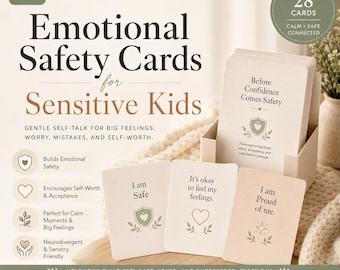 Könnte beinhalten: Ein Set aus 28 emotionalen Sicherheitskarten für sensible Kinder in einer Box. Die Karten enthalten Texte wie Before Confidence Comes Safety, I am Safe, It's okay to feel my feelings und I am Proud of me, mit Schild-, Herz- und Pflanzensymbolen.