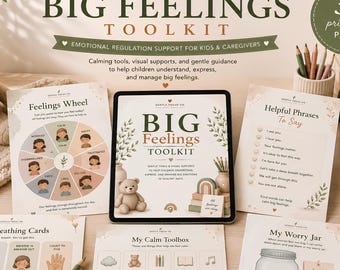 Puede incluir: Un kit de herramientas para la regulación emocional, con un oso de peluche, una tableta con la inscripción "Big Feelings Toolkit" y varias tarjetas impresas. Las tarjetas incluyen una rueda de sentimientos, frases útiles y ejercicios de respiración. Para niños y cuidadores.
