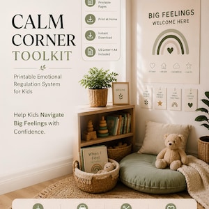 以下が含まれることがあります： 子供向けの感情調整システム「Calm Corner Toolkit」の印刷用データ。テキスト、虹のグラフィック、アイコンが含まれています。47ページの印刷用データ、USレターおよびA4サイズ、ダウンロードと印刷、組み立ての手順が記載されています。