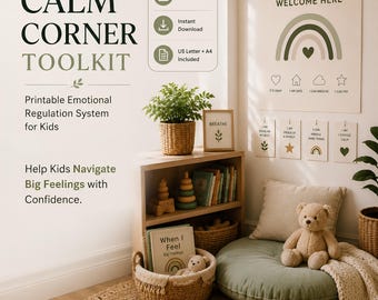 Puede incluir: Un kit Calm Corner, sistema imprimible de regulación emocional para niños con texto, gráfico de arcoíris e iconos. El set incluye 47 páginas imprimibles, formatos US Letter y A4, e instrucciones para descarga e impresión en casa.