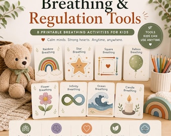 Könnte beinhalten: Ein Set druckbarer Atemübungs-Karten für Kinder. Die Karten zeigen Illustrationen eines Regenbogens, Sterns, Blume, Unendlichkeitssymbols, Ozeanwelle, Kerze, Ballons und Quadrats mit Herz. Text: "Breathing & Regulation Tools".