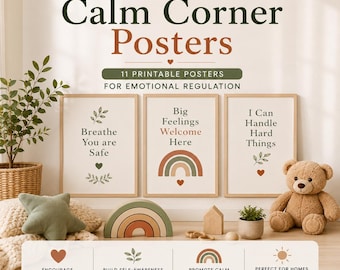 Könnte beinhalten: Drei gerahmte Poster mit inspirierenden Botschaften, darunter "Breathe You are Safe" und "I Can Handle Hard Things." Das Bild zeigt auch einen Teddybären, Holzspielzeug und eine Topfpflanze. Der Text oben lautet "Calm Corner Posters."