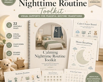 Könnte beinhalten: Ein beruhigendes Abendroutine-Toolkit mit 22 druckbaren Seiten, bestehend aus einem spiralgebundenen Buch, einer Auswahltafel, einer Mondatmungsanleitung, einer Schlafroutine-Karte, einer Belohnungstabelle und einem 30-Tage-Schlaftracker.