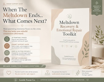 Könnte beinhalten: Ein Elternratgeber mit dem Titel Meltdown Recovery & Emotional Repair Toolkit von Gentle Focus Co. Das Buchcover zeigt beige und cremefarbene abstrakte Formen mit einer Blattillustration. Der Text enthält When The Meltdown Ends... What Comes Next?