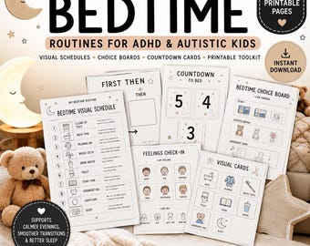Könnte beinhalten: Ein Set aus 23 druckbaren Seiten mit dem Titel CALM BEDTIME ROUTINES FOR ADHD & AUTISTIC KIDS, bestehend aus visuellen Zeitplänen, Auswahltafeln, Countdown-Karten, Gefühls-Check-ins und Bildkarten mit Symbolen für tägliche Aufgaben.
